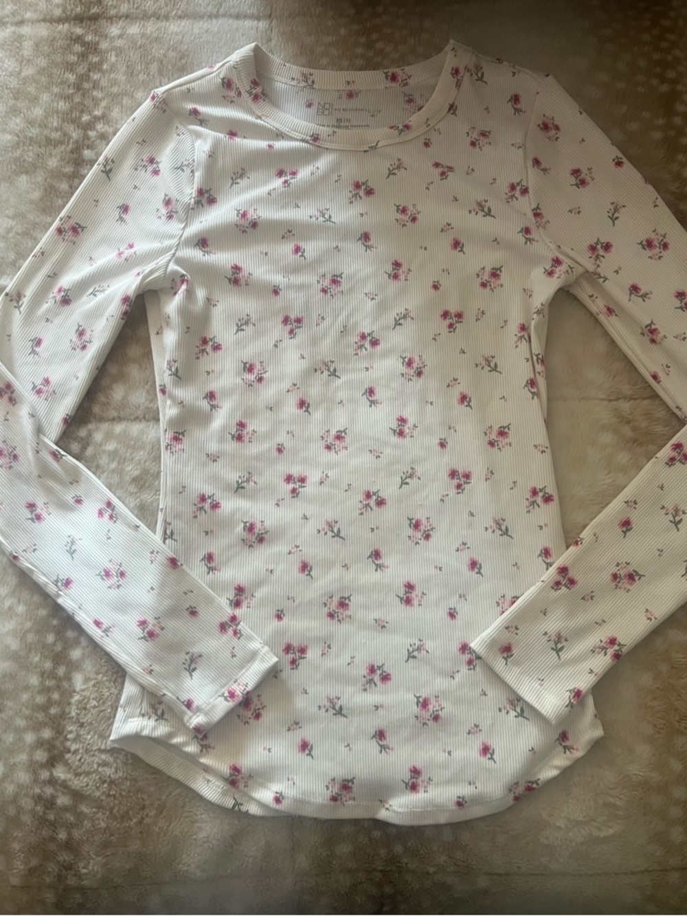 Floral Ribbed Long Sleeve Tee - Pink on White